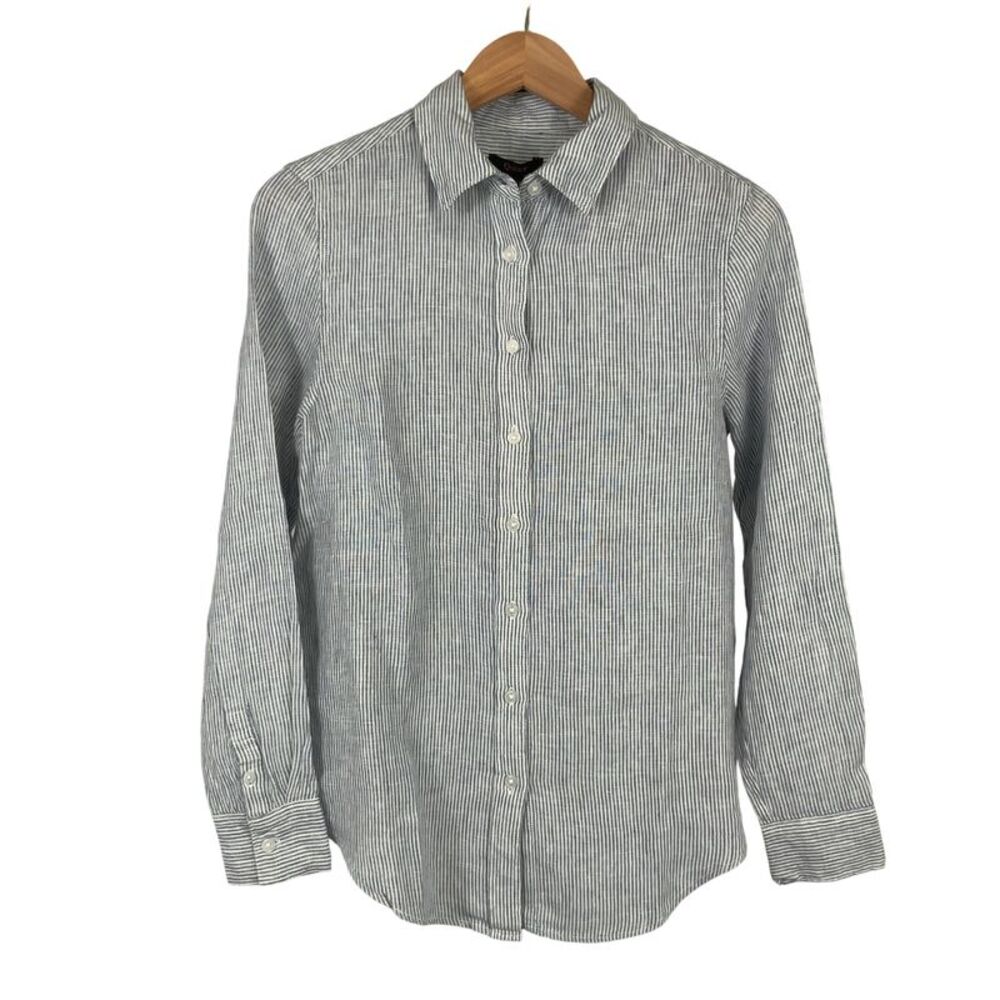 Quince Women 100% European Linen Long Sleeve Shirt Blue Pinstripe XS